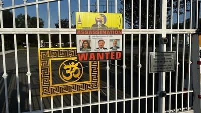 Anti-India poster pasted to the front gate of the Lakshmi Narayan Mandir in Surrey, British Columbia, on Saturday (Lakshmi Narayan Mandir) Anti-India poster pasted to the front gate of the Lakshmi Narayan Mandir in Surrey, British Columbia, on Saturday (Lakshmi Narayan Mandir)