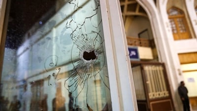 A bullet hole is seen after an attack at the Shah Cheragh Shrine in Shiraz, Iran August 13, 2023. (via REUTERS)