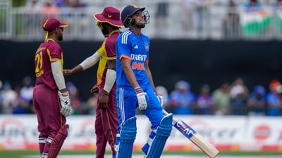 India's Shubman Gill walks off the field caught by West Indies' Shai Hope for 77 runs (AP) India's Shubman Gill walks off the field caught by West Indies' Shai Hope for 77 runs (AP)