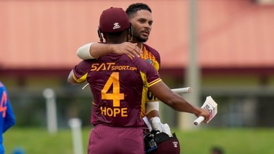 Brandon King and Shai Hope embrace after beating India by 8 wickets in the fifth T20I (AP) Brandon King and Shai Hope embrace after beating India by 8 wickets in the fifth T20I (AP)