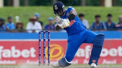 Suryakumar Yadav hits a six against West Indies during the fifth T20I at Central Broward Regional Park in Lauderhill, Florida on Sunday (AP) Suryakumar Yadav hits a six against West Indies during the fifth T20I at Central Broward Regional Park in Lauderhill, Florida on Sunday (AP)