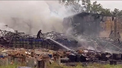 Firefighters douse a fire that broke out at a godown in Delhi's Alipur area. (PTI)