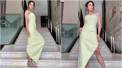 On the other hand, Rakul Preet Singh's pastel green-coloured strappy dress features a wide square neckline with a slit, a fitted bodice, cinched waistline, figure-hugging fitting accentuating her svelte frame, a thigh-high slit on the side, and an asymmetric hem. (Instagram) On the other hand, Rakul Preet Singh's pastel green-coloured strappy dress features a wide square neckline with a slit, a fitted bodice, cinched waistline, figure-hugging fitting accentuating her svelte frame, a thigh-high slit on the side, and an asymmetric hem. (Instagram)