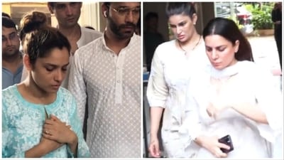 Ankita Lokhande with husband Vicky Jain at her father's funeral (left), Shraddha Arya at the actor's Mumbai home. Ankita Lokhande with husband Vicky Jain at her father's funeral (left), Shraddha Arya at the actor's Mumbai home.