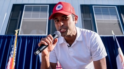 US entrepreneur and 2024 Presidential hopeful Vivek Ramaswamy raps after doing a Fair Side Chat with Governor Kim Reynolds, at the Iowa State Fair in Des Moines, Iowa, on August 12, 2023. (AFP) US entrepreneur and 2024 Presidential hopeful Vivek Ramaswamy raps after doing a Fair Side Chat with Governor Kim Reynolds, at the Iowa State Fair in Des Moines, Iowa, on August 12, 2023. (AFP)
