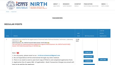 ICMR-NIRTH Recruitment 2023: Apply for Technical Assistant, Technician, Lab Attendant vacancies (nirth.res.in) ICMR-NIRTH Recruitment 2023: Apply for Technical Assistant, Technician, Lab Attendant vacancies (nirth.res.in)