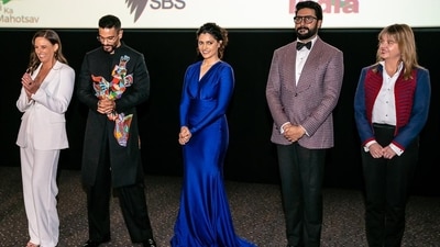As Ghoomer was showcased for the first time, the audience was enthralled by the film which received a thunderous applause and standing ovation. Seen here are Ghoomer actors Angad Bedi, Saiyami Kher and Abhishek Bachchan soaking in the response. As Ghoomer was showcased for the first time, the audience was enthralled by the film which received a thunderous applause and standing ovation. Seen here are Ghoomer actors Angad Bedi, Saiyami Kher and Abhishek Bachchan soaking in the response. 
