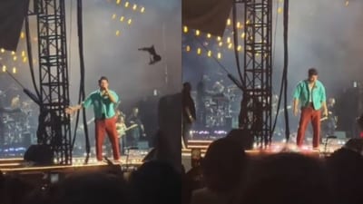 Nick Jonas on stage during his concert in New York. Nick Jonas on stage during his concert in New York.