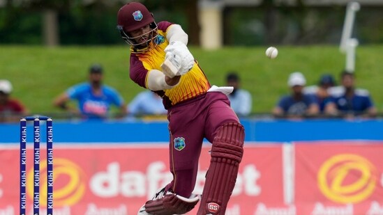 Brandon King&nbsp;hits a six against India during the fifth T20 at Central Broward Regional Park in Lauderhill(AP)