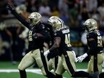 Kyle Phillips #91 of the New Orleans Saints reacts after a turnover during a preseason game against the Kansas City Chiefs 