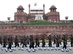 Indian soldiers participate in a full-dress rehearsal Independence Day celebrations at Red Fort in New Delhi on Sunday. (AFP) Indian soldiers participate in a full-dress rehearsal Independence Day celebrations at Red Fort in New Delhi on Sunday. (AFP)