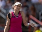 Elena Rybakina, of Kazakhstan, reacts during her game against Liudmila Samsonova, of Russia, during the semifinals of the National Bank Open women's tennis tournament in Montreal