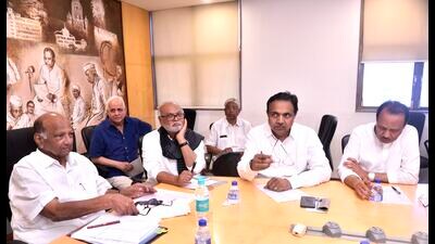 (From left) NCP leader Sharad Pawar along with Chhagan Bhujbal ,Jayant Patil and Ajit Pawar at a meeting in Mumbai in 2019. (HT FILE PHOTO)