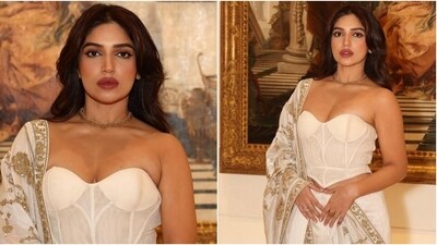 Bhumi Pednekar stuns in a Rohit Bal saree and corset blouse. (Instagram) Bhumi Pednekar stuns in a Rohit Bal saree and corset blouse. (Instagram)