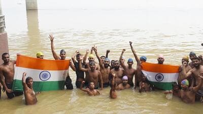 In a swollen Ganga river at NIT Ghat in Patna on Monday, the I-Day eve. (Santosh Kumar/HT) In a swollen Ganga river at NIT Ghat in Patna on Monday, the I-Day eve. (Santosh Kumar/HT)