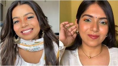 If you never shy away from experimenting with makeup, you can add all three shades - green, orange and white - to your eye makeup. For the first look, smudge orange eye shadow in the inner corner of your upper and lower eyelids, followed by white and orange. For the second look, use orange and white eyeliner on the upper eyelids and green on the lower. (Instagram) If you never shy away from experimenting with makeup, you can add all three shades - green, orange and white - to your eye makeup. For the first look, smudge orange eye shadow in the inner corner of your upper and lower eyelids, followed by white and orange. For the second look, use orange and white eyeliner on the upper eyelids and green on the lower. (Instagram)