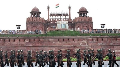 Indian soldiers participate in a full-dress rehearsal Independence Day celebrations at Red Fort in New Delhi on Sunday. (AFP) Indian soldiers participate in a full-dress rehearsal Independence Day celebrations at Red Fort in New Delhi on Sunday. (AFP)