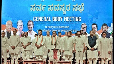 Karnataka CM Siddaramaiah with deputy CM DK Shivakumar and party leader at the General Body Meeting of Karnataka Congress, at KPCC office in Bengaluru on Monday. (ANi) Karnataka CM Siddaramaiah with deputy CM DK Shivakumar and party leader at the General Body Meeting of Karnataka Congress, at KPCC office in Bengaluru on Monday. (ANi)