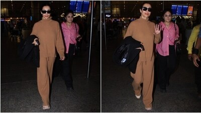 Acing monotone fashion, Malaika wore the jumper with matching pants. They feature side pockets, drawstring detail on the waist, a flared silhouette, and below-the-ankle hem length. (Instagram) Acing monotone fashion, Malaika wore the jumper with matching pants. They feature side pockets, drawstring detail on the waist, a flared silhouette, and below-the-ankle hem length. (Instagram)