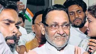Mumbai, India - Aug 14, 2023 : NCP leader Nawab Malik leaves from the Hospital after being granted a Bail at Kurla, in Mumbai, India, Monday, Aug 14, 2023. (Photo by Vijay Bate/HT Photo) (Hindustan Times) Mumbai, India - Aug 14, 2023 : NCP leader Nawab Malik leaves from the Hospital after being granted a Bail at Kurla, in Mumbai, India, Monday, Aug 14, 2023. (Photo by Vijay Bate/HT Photo) (Hindustan Times)