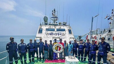 Indian Coast Guards (ICG) with fishermen who were rescued near Mandapam, in Ramanathapuram district, Monday, May 29. (PTI/ PIB) Indian Coast Guards (ICG) with fishermen who were rescued near Mandapam, in Ramanathapuram district, Monday, May 29. (PTI/ PIB)
