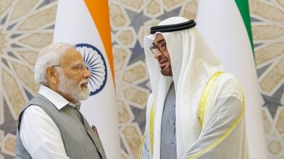 Prime Minister Narendra Modi and UAE President Sheikh Mohamed bin Zayed Al Nahyan during a meeting at Qasr Al-Watan, in Abu Dhabi, Saturday, July 15. (PTI) Prime Minister Narendra Modi and UAE President Sheikh Mohamed bin Zayed Al Nahyan during a meeting at Qasr Al-Watan, in Abu Dhabi, Saturday, July 15. (PTI)