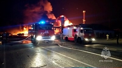 A view shows firefighting vehicles at the accident scene following an explosion at a gas station in the city of Makhachkala, Russia, August 14, 2023. (via REUTERS)