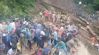 Rescue operations underway at the Shiv temple in Summerhill locality of Shimla on Monday morning. (HT Photo)