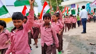Students of a govt primary school in UP taking out a march under Har Ghar Tiranga event on August 13. (Sourced) Students of a govt primary school in UP taking out a march under Har Ghar Tiranga event on August 13. (Sourced)