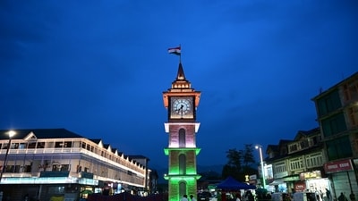 Another view of Clock Tower (Ghanta Ghar) shining in Tricolour lights on Monday evening in Srinagar. (Photo By Waseem Andrabi /Hindustan Times) Another view of Clock Tower (Ghanta Ghar) shining in Tricolour lights on Monday evening in Srinagar. (Photo By Waseem Andrabi /Hindustan Times)