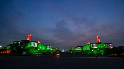 Tricolour lights at North and South Block from Raisina Hills ahead of Independence Day, in New Delhi, on Monday. (Photo by Raj K Raj/ Hindustan Times) Tricolour lights at North and South Block from Raisina Hills ahead of Independence Day, in New Delhi, on Monday. (Photo by Raj K Raj/ Hindustan Times)