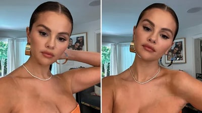 Selena Gomez wore an orange corset in new pictures. Selena Gomez wore an orange corset in new pictures.