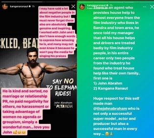 Kangana Ranaut gushed over 'self-made' and 'inspiring' John Abraham. Kangana Ranaut gushed over 'self-made' and 'inspiring' John Abraham.
