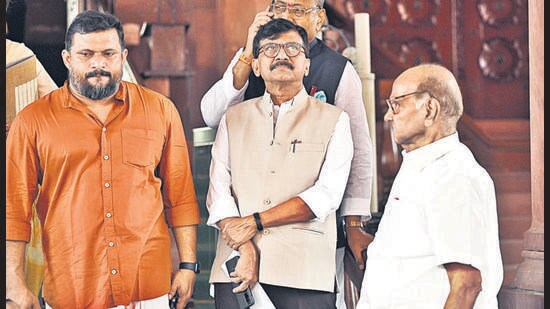 New Delhi, India - Aug. 7, 2023: NCP chief Sharad Pawar along with Shiv Sena (UBT) MP Sanjay Raut and others at Parliament House complex during ongoing Monsoon session, in New Delhi, India, on Monday, August 7, 2023. (Photo by Sanjeev Verma/ Hindustan Times) (Hindustan Times)