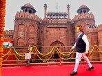 Prime Minister Narendra Modi at the Red Fort in New Delhi on Tuesday. (ANI) Prime Minister Narendra Modi at the Red Fort in New Delhi on Tuesday. (ANI)