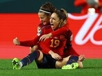 Spain's Olga Carmona celebrates scoring their second goal with Teresa Abelleira