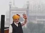 Prime minister Narendra Modi at the Red Fort on the 77th Independence Day. (Raj K Raj/HT)