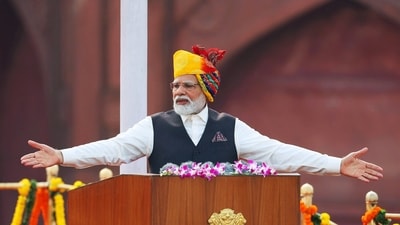 Prime Minister Narendra Modi addresses the nation from the ramparts of Red Fort on the occasion of 77th Independence Day, in New Delhi on Tuesday. (ANI Photo) Prime Minister Narendra Modi addresses the nation from the ramparts of Red Fort on the occasion of 77th Independence Day, in New Delhi on Tuesday. (ANI Photo)