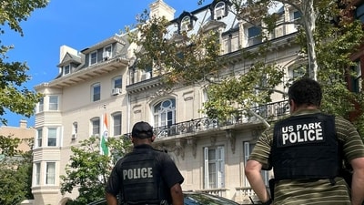 Security increased outside the Indian Embassy as Khalistanis plan a protest outside the Indian Mission in Washington DC on Tuesday. (ANI) Security increased outside the Indian Embassy as Khalistanis plan a protest outside the Indian Mission in Washington DC on Tuesday. (ANI)