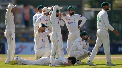 Pakistan's Naseem Shah lies on the ground as he reacts after third umpire ruled Sri Lanka's Ramesh Mendis as not out (AP) Pakistan's Naseem Shah lies on the ground as he reacts after third umpire ruled Sri Lanka's Ramesh Mendis as not out (AP)