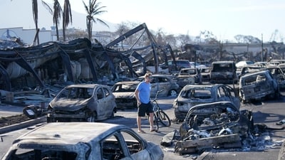 A man walks through wildfire wreckage in Lahaina, Hawaii. (AP) A man walks through wildfire wreckage in Lahaina, Hawaii. (AP)
