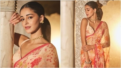 Ananya Panday promotes Dream Girl 2 in a floral saree and bralette blouse. (Instagram) Ananya Panday promotes Dream Girl 2 in a floral saree and bralette blouse. (Instagram)
