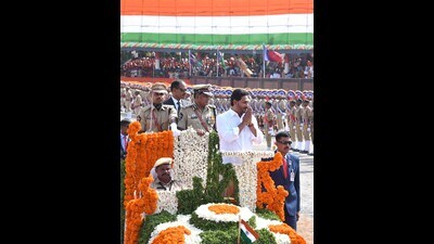 Andhra Pradesh CM YS Jagan Mohan Reddy during the 77th Independence Day function, in Vijayawada on Tuesday. (ANI) Andhra Pradesh CM YS Jagan Mohan Reddy during the 77th Independence Day function, in Vijayawada on Tuesday. (ANI)