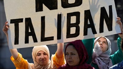 People protest in Parliament Square at the anniversary of the Taliban takeover of Afghanistan in London, Tuesday, Aug. 15, 2023. (AP) People protest in Parliament Square at the anniversary of the Taliban takeover of Afghanistan in London, Tuesday, Aug. 15, 2023. (AP)
