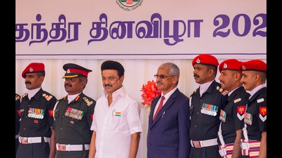 Chennai: Tamil Nadu Chief Minister MK Stalin during the 77th Independence Day function at Fort St George, in Chennai on Tuesday. (PTI) Chennai: Tamil Nadu Chief Minister MK Stalin during the 77th Independence Day function at Fort St George, in Chennai on Tuesday. (PTI)