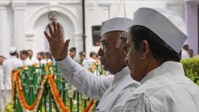 Congress president Mallikarjun Kharge with party leader KC Venugopal at the 77th Independence Day event at the AICC Headquarters in New Delhi on Tuesday (PTI) Congress president Mallikarjun Kharge with party leader KC Venugopal at the 77th Independence Day event at the AICC Headquarters in New Delhi on Tuesday (PTI)