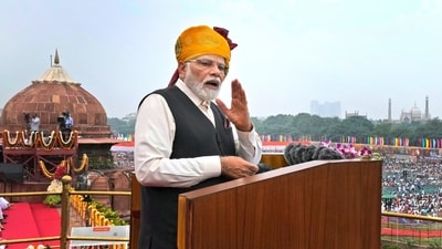 Indian Prime Minister Narendra Modi speaks at Red Fort on country's Independence Day in New Delhi. (AP)