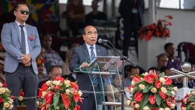 Mizoram chief minister Zoramthanga delivers his Independence Day speech at Aizawl’s Assam Rifles ground on Tuesday. (Twitter/ZoramthangaCM) Mizoram chief minister Zoramthanga delivers his Independence Day speech at Aizawl’s Assam Rifles ground on Tuesday. (Twitter/ZoramthangaCM)