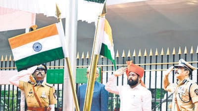 Mumbai, Aug 15 (ANI): Maharashtra Chief Minister Eknath Shinde salutes the National flag after hoisting it on the 77th Independence Day, in Mumbai on Tuesday. (ANI Photo) (DeepaK Salvi) Mumbai, Aug 15 (ANI): Maharashtra Chief Minister Eknath Shinde salutes the National flag after hoisting it on the 77th Independence Day, in Mumbai on Tuesday. (ANI Photo) (DeepaK Salvi)
