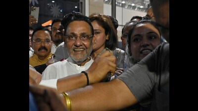 Mumbai, India - Aug 14, 2023 : NCP leader Nawab Malik leaves from the Hospital after being granted a Bail at Kurla, in Mumbai, India, Monday, Aug 14, 2023. (Photo by Vijay Bate/HT Photo) (Hindustan Times) Mumbai, India - Aug 14, 2023 : NCP leader Nawab Malik leaves from the Hospital after being granted a Bail at Kurla, in Mumbai, India, Monday, Aug 14, 2023. (Photo by Vijay Bate/HT Photo) (Hindustan Times)